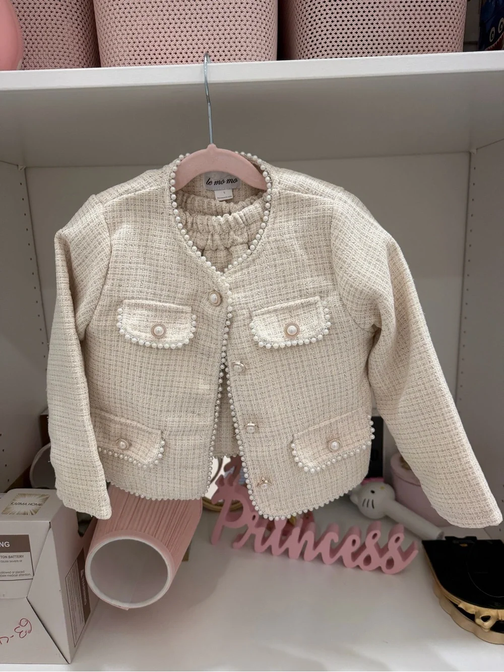 Cream Tweed Girls' Jacket & Skirt with Pearl Trim